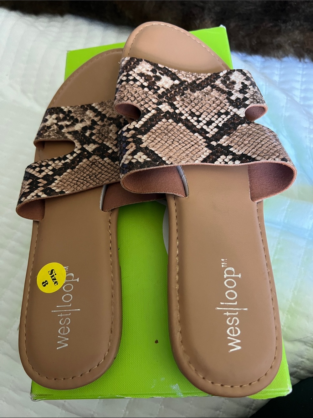 west loop Snake Print Slide Sandals in Tan and Black